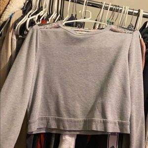 Grey cropped crew neck with colorful shoulder/back